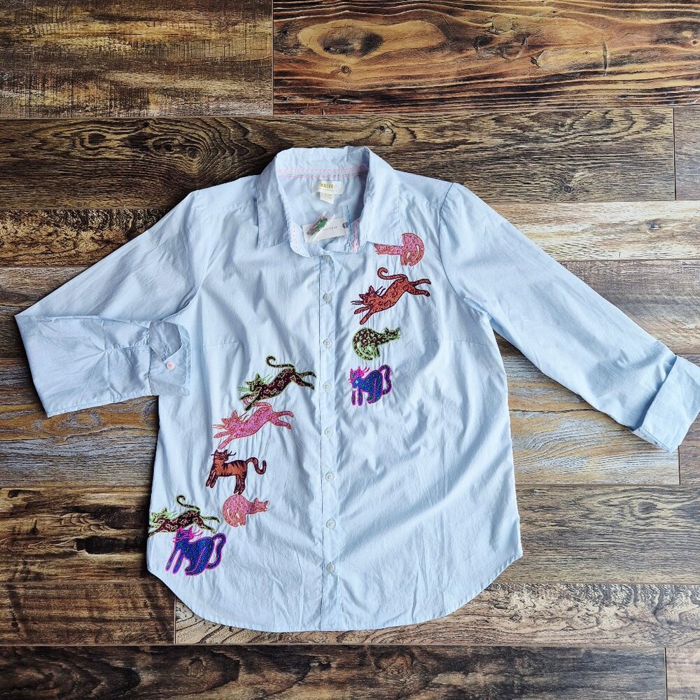 Maeve Light Blue Button-Down Shirt with Multicolor Cat Embroidered Appliqués - Picture 3 of 15
